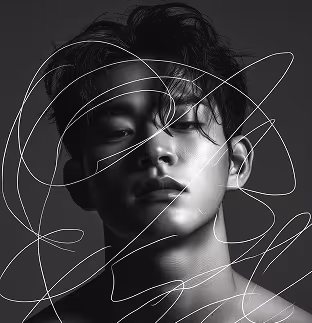 Black and white portrait of a young man with tousled hair and abstract white lines over the image.