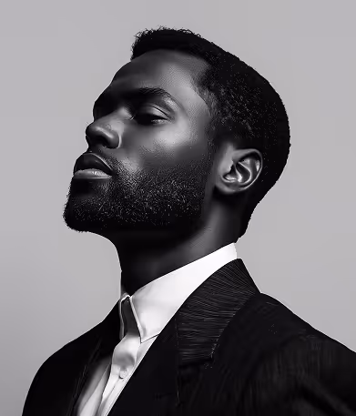 Profile portrait of a confident man with a beard wearing a dark suit and white shirt against a plain background.